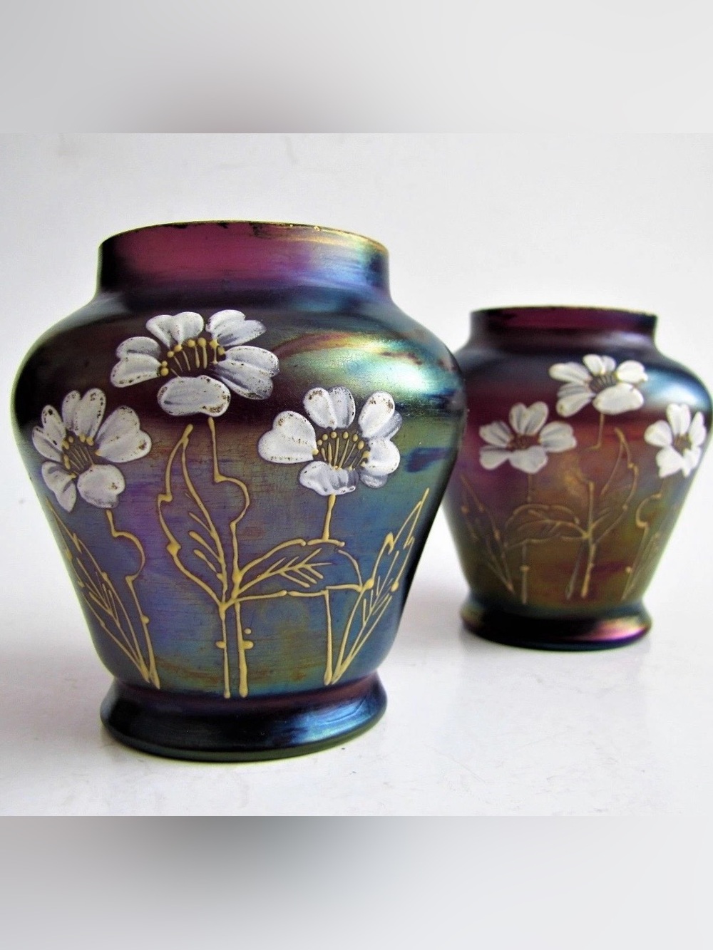 Rare Pair Loetz "Rubin Matte Iris"  Floral Enameled Iridescent Art Glass Vases